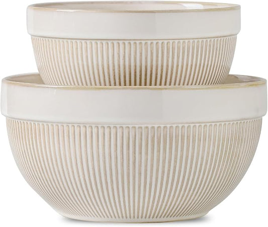 Ceramic Large Glazed White Stripe Mixing Bowls for Kitchen, Set of 2 Big Serving Bowls for Cooking, Popcorn, Salad, Soup, Baking, Dough Bread Making Bowl, 10 inch + 8 inch by TEAKISS