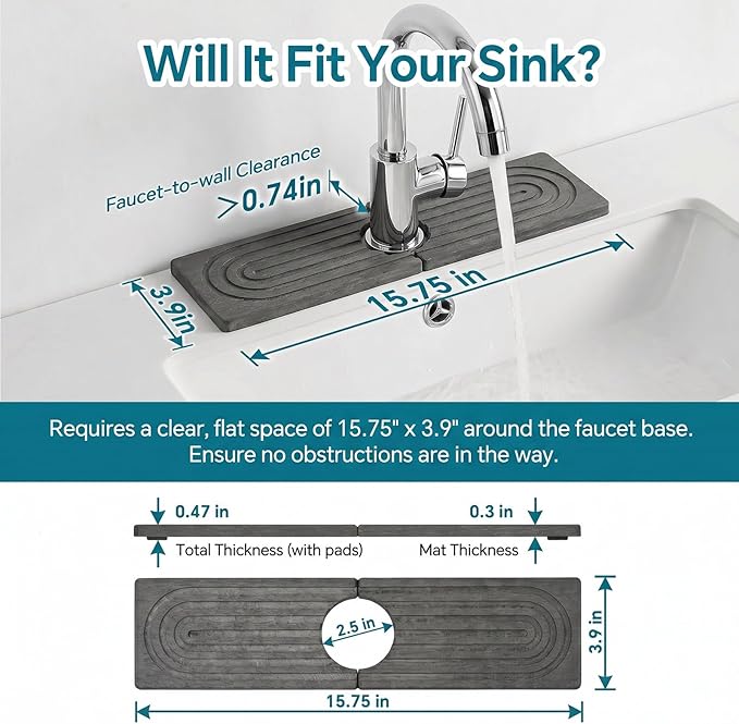 Stone Faucet Mat for Kitchen Sink-Diatomite Drying Stone Mat& Sink Protector,Quick Dry Water Absorbing Stone Tray ,Sink Splash Guard for Kitchen Counter & Bathroom Counter (Dark Grey, 15.7"x3.9") - Image 2