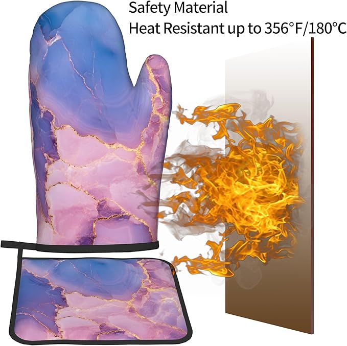 Oven Mitt and Pot Holders Sets - Marble Kitchen Mitts Decorative Purple Pink Oven Gloves Hot Pads Set of 2 for Cooking Baking Grilling - Image 5
