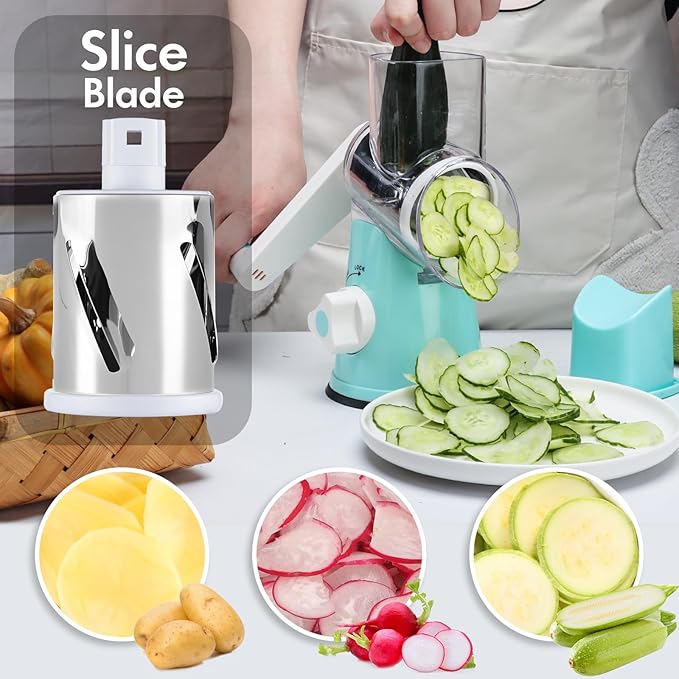 Cheese Grater Hand Crank, Rotary Vegetable Shredder with Handle and Strong Suction base, 3 in 1 Kitchen Speed Spin Veggie Slicer Nut Grinder for Pizza Top, Hash brown, Salad and More (Blue) - Image 4