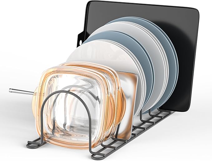 JAQ Baking Sheets Organizer, 13.5" Kitchenware Dividers Holder for Plates, Pans, Cutting Boards, Muffin Tins, Pot lids in Cabinets Shelf Countertop Pantry (Black, 8-Slot) by JAQ-BuyNow