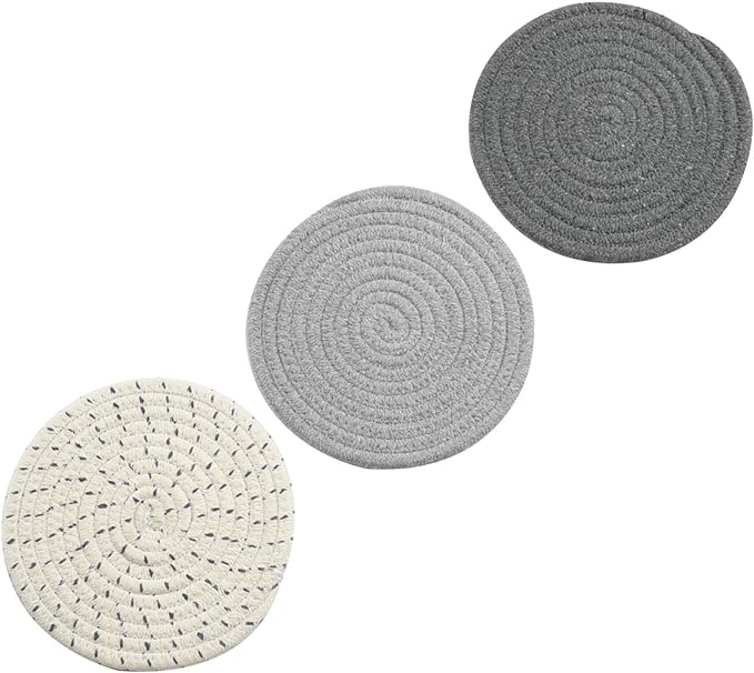 Potholders Set Trivets Set 100% Pure Cotton Thread Weave Hot Pot Holders Set (Set of 3) Stylish Coasters, Hot Pads, Hot Mats,Spoon Rest For Cooking and Baking by Diameter 7 Inches (Gray)