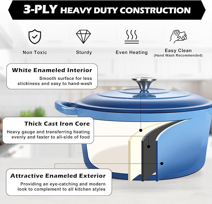 TeamFar 5Qt Dutch Oven, Enameled Cast Iron Dutch Oven with Lid & Dual Handles for Cooking Baking Braising Simmering, Healthy & Sturdy, Oven & Various Stovetops Safe, Non-stick & Easy Clean - Blue - Image 4