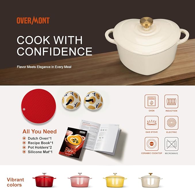 Overmont Enameled Cast Iron Dutch Oven - Heart-Shaped Pot with Lid Cookbook & Cotton Pot Holders - Mini Cookware Oven Safe to 500°F for Sourdough Baking Soups Stews - Great Gift for Wedding Birthday Housewarming 2QT White
