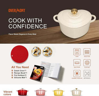 Overmont Enameled Cast Iron Dutch Oven - Heart-Shaped Pot with Lid Cookbook & Cotton Pot Holders - Mini Cookware Oven Safe to 500°F for Sourdough Baking Soups Stews - Great Gift for Wedding Birthday Housewarming 2QT White