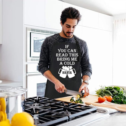 Rosoz Funny BBQ Black Chef Aprons for Men，if You Can Read This Adjustable Kitchen Cooking Aprons with Pocket Waterproof Oil Proof Father’s Day/Birthday