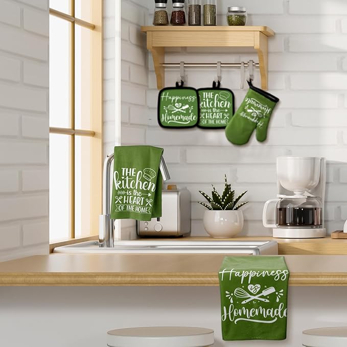 Sratte 6 Pcs Kitchen Decor Accessories Set Farmhouse Towels Pot Holders Oven Mitts Set 2 Dish Towels 2 Potholders 2 Cooking Mittens Oven Glove for Christmas Baking Cooking(Avocado Green,Kitchen) - Image 7