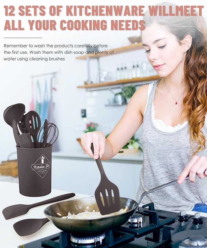 Kitchen Utensils Set-12 Pieces Silicone Cooking Utensils Set (Dishwasher Safe) 392°F Heat Resistant Spatula Set, Nonstick Cookware - Image 4