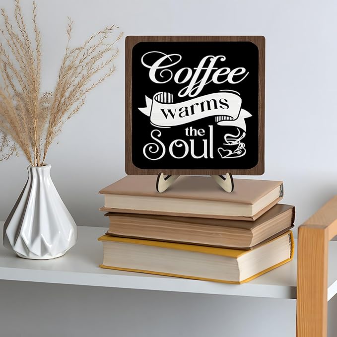 Coffee Bar Sign Plaque, Vintage Café Decor for Kitchen, Rustic Farmhouse Cafe Accessories, Themed Wall Sign for Home - Coffee Warms the Soul - Gift Idea (Black&Brown4, 5.9x5.9inches) - Image 4