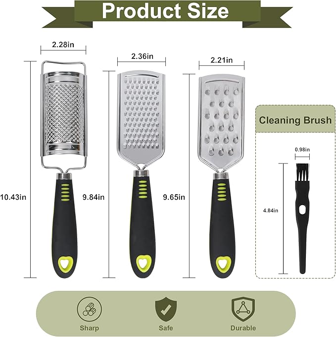 Handheld Cheese Grater Set for Kitchen Stainless Steel Mini Cheese Grater with Handle Lemon Zester with Cleaning Brush for Cheese Vegetable Fruit Chocolate (Black Handle) by beardo decor - Image 2