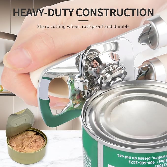 Safring Can Opener Manual, Heavy Duty Stainless Steel Smooth Edge Can Openers With Soft Touch Handle, Oversized Handheld Easy Turn Knob, Multi-Function Bottle Opener, Beige