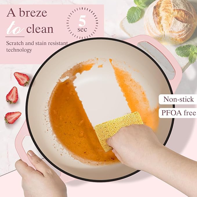 Umite Chef 6QT Enameled Cast Iron Dutch Oven with Lid, Versatile Heavy-Duty Cookware Pot for Baking Bread, Braising, Soups & Stews, Oven & Stovetop Safe with Heat Resistant Gloves(Pink) - Image 7