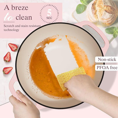 Umite Chef 6QT Enameled Cast Iron Dutch Oven with Lid, Versatile Heavy-Duty Cookware Pot for Baking Bread, Braising, Soups & Stews, Oven & Stovetop Safe with Heat Resistant Gloves(Pink) - Image 7