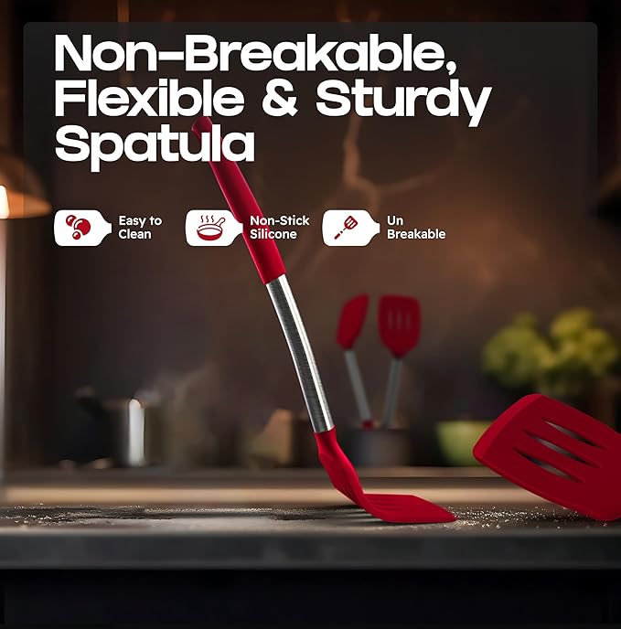 BakeRoyal Silicone Spatula Set - Turner Spatulas Silicone Heat Resistant 600°F - Slotted & Solid Spatula for Cooking Fish, Eggs, Pancakes Flipper – Spatulas for kitchen use – Red - Image 6