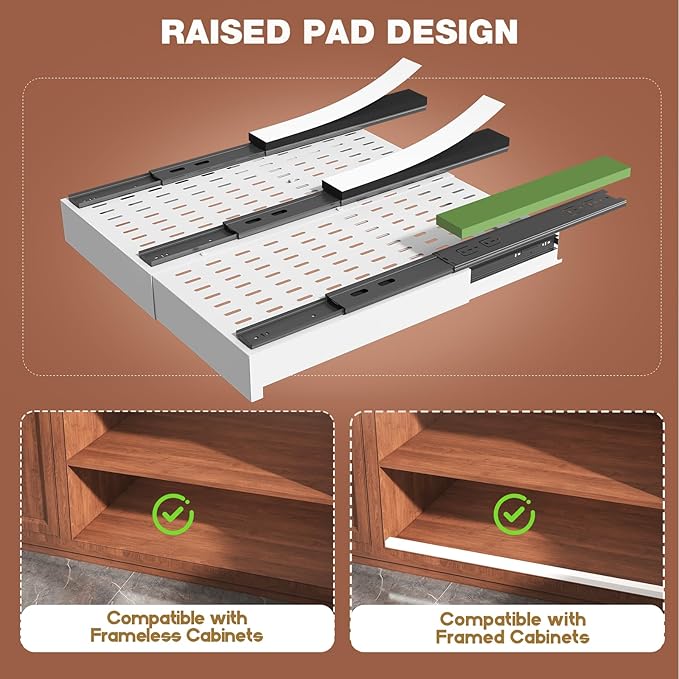 Seinloes 2 Pack Pull Out Cabinet Organizer Expandable Width(13"-21") and Depth(17"-24"), Slide Out Drawers With Raising Pad for Framed Cabinets, No Drill Roll Out Shelves for kitchen, Bathroom, White - Image 2