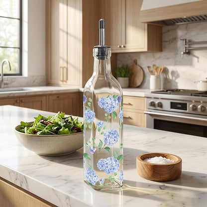 JarThenaAMCS Blue Hydrangea Olive Oil Dispenser Bottle Glass Cruet Bottle with Spout Floral Cooking Vinegar Container for Spring Mother's Day Home Kitchen Table Countertop Decor