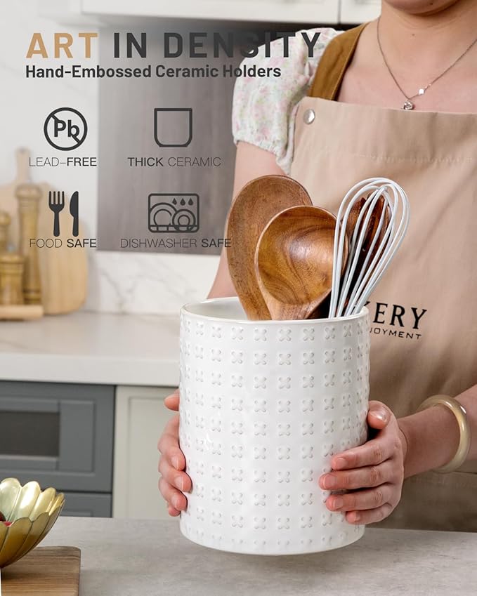 Nucookery 6.4'' Utensil Holder - Ceramic Utensil Holder for Kitchen Counter, Large Capacity Countertop Storage, Farmhouse Style Utensil Crock Organizer for Spoons, Spatulas & Cooking Tools - Image 3