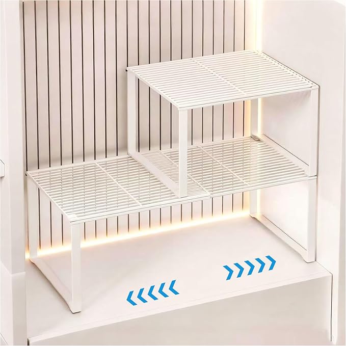Extendable Metal Wire Shelf Organizer - Adjustable 15-24.4in Length, Stackable Storage Rack for Kitchen/Pantry/Bathroom/Shoe Cabinet/Tool Closet (2, White) by HGZBS