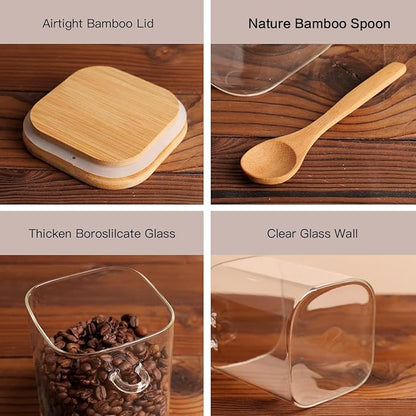 HHMJSM 6 Pcs Square Glass Jar with Bamboo Lid and Spoon - 27 oz Large Sugar Container with 148 Kitchen Pantry Spice Jar Labels Preprinted - Glass Containers with Wooden Lids Hold Coffee, Tea, Candy - Image 6