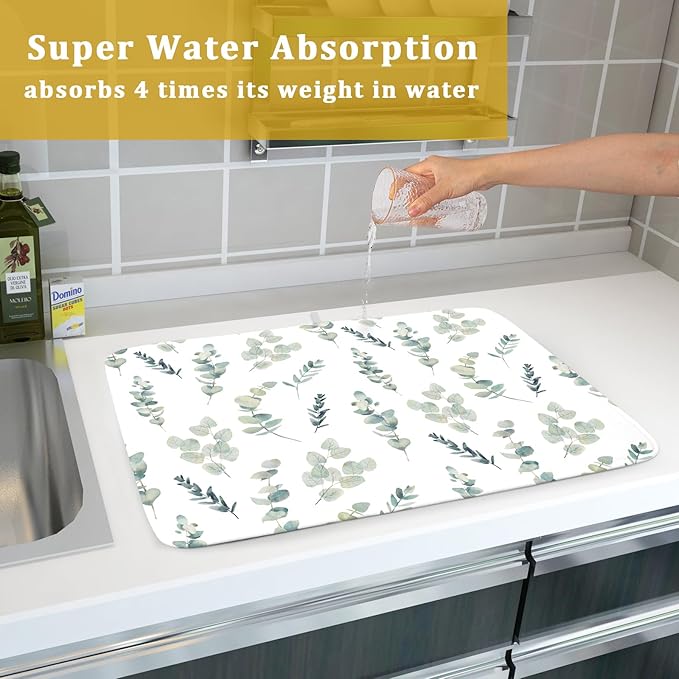 Eucalyptus Leaf Dish Drying Mat for Kitchen Counter Spring Summer Seasonal Microfiber Absorbent Dish Draining Reusable Washable Foldable Extra Large 18"x24" - Image 7