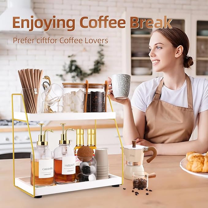 DWTS Coffee Bar Accessories,Coffee Station Organizer with Multi-Functional,CoffeeBar Decor for Accessories,2 Tier Wooden Shelf Gold Metal Station Organizer for Countertop,Syrup - Image 7