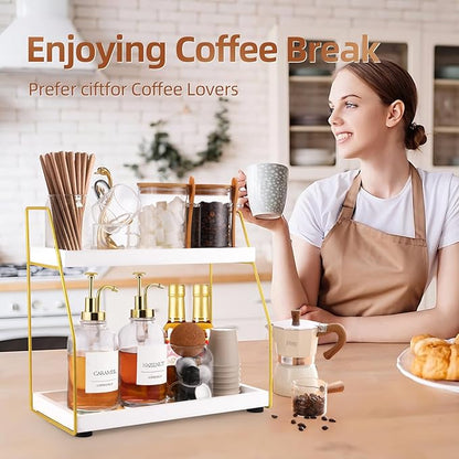 DWTS Coffee Bar Accessories,Coffee Station Organizer with Multi-Functional,CoffeeBar Decor for Accessories,2 Tier Wooden Shelf Gold Metal Station Organizer for Countertop,Syrup - Image 7