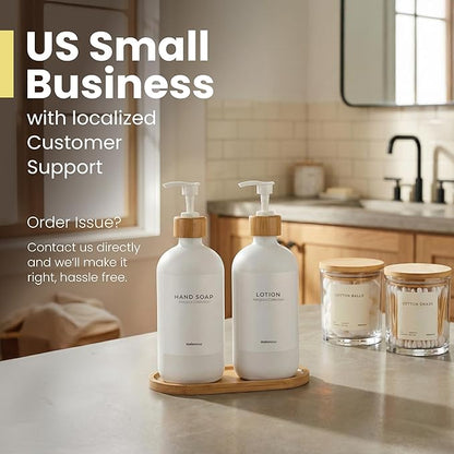 MaisoNovo Glass Soap Dispenser Bathroom Set of 2-16.9 oz Bathroom Soap Dispenser Set - White Glass Bottles x 2 with White Bamboo Pumps & Tray