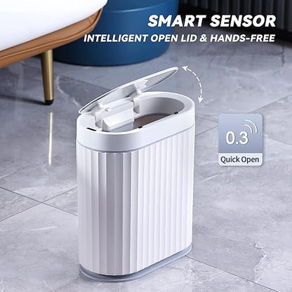 ELPHECO Bathroom Trash can Motion Sensor, AutomaticGarbage can, Slim Plastic Smart Trash Bin with Lid, Commercial Intelligent Wastebaskets for Bedroom, Bathroom, Office, White Grey