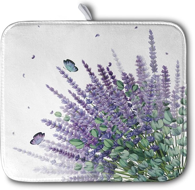 Purple Lavender Dish Drying Mat for Kitchen Counter Spring Summer Floral Microfiber Dish Drainer Mats Green Leaves Butterfly Absorbent Reversible Dish Drainer Rack Mat 16x18 Inch by Kwlegh