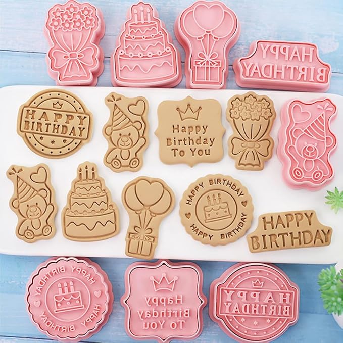 8 Pcs Cookie Cutters Set 3D Holiday Cookie Cutters for Party Baking Decoration (Birthday Theme)