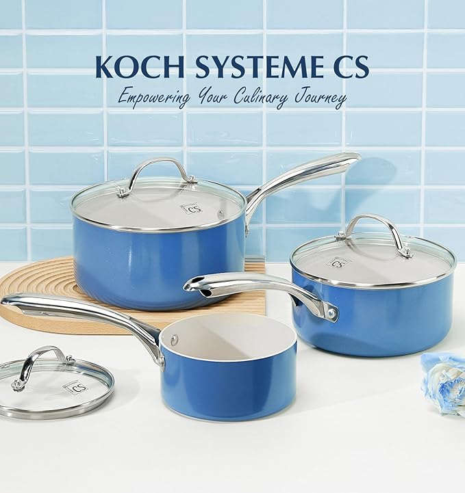 KOCH SYSTEME CS Nonstick Sauce Pan with Lid 1QT, 2QT & 3QT, Non-Toxic Ceramic Saucepan Set, Blue Sauce Pan Set, Multipurpose Cooking Pots Set, Compatible induction - Image 8