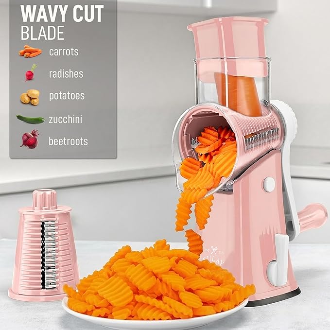 Zulay Kitchen Rotary Cheese Grater 5 Blade Cheese Shredder - Manual Hand Crank Cheese Grater With Reinforced Suction & 5 Interchangeable Drums - Easy to Use, Vegetable Chopper Round Mandoline Slicer - Image 4