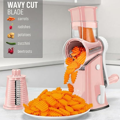 Zulay Kitchen Rotary Cheese Grater 5 Blade Cheese Shredder - Manual Hand Crank Cheese Grater With Reinforced Suction & 5 Interchangeable Drums - Easy to Use, Vegetable Chopper Round Mandoline Slicer - Image 4