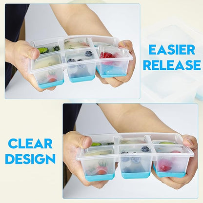 Ice Cube Trays 2 Pack, JRISBO Large Silicone Ice Cube Molds with Leak-Proof Lid, TPE Frame & Easy Release Bottom, Stackable Freezer Ice Trays for Whiskey, Cocktails, Soup, BPA Free (Blue)