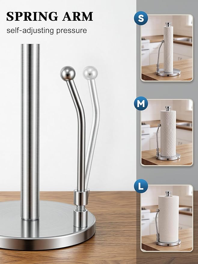 SMARTAKE Paper Towel Holder, Paper Towel Dispenser Standing Weighted Base Non Slip, Spring Arm for Easy Tear, Stainless Steel Paper Towel Holder for Home Kitchen Countertop Tabletop, Silver - Image 2