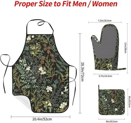 Botanical Print Floral Oven Mitts Pot Holders Farmhouse Cooking Apron Set of 5 Silicone Black Sage Green Botanical Print Kitchen Glove Apron Non-Slip Heat Resistant for Chef Baking Cooking