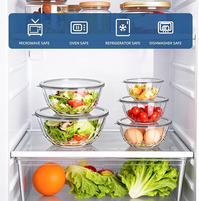 Luvan 5-Piece Glass Mixing Bowls Set with Lids - Clear Salad Bowls with Lids Set, Diamond Pattern Large Glass Mixing Bowl for Baking Prep, Serving & Storage - Image 8