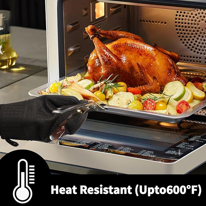 Hovico Silicone Oven Mitts, Heat Resistant 500F Kitchen Mitts 2PCS, 11.6" BPA-Free Soft Baking Gloves, Non-Slip Grip Oven Gloves with Soft Cotton Lining for Kitchen Cooking Baking BBQ - Black - Image 5