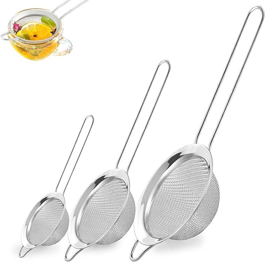 3Pcs Fine Mesh Strainer with Handle, Small Medium Large Size Sieve Strainers Set, Stainless Steel Sifter Colander for Kitchen Baking Juice Quinoa Food Flour by BLIGKO