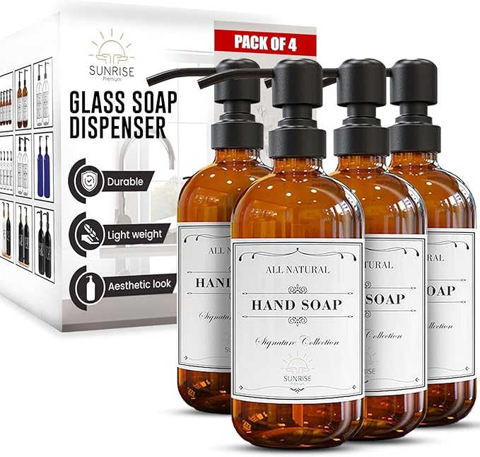 Sunrise Premium 4 Pack Amber Glass Soap Dispenser 16 OZ with Matte Black Stainless Steel Pump, Hand and Dish Soap Dispenser Set for Bathroom and Kitchen Sink with 12 Waterproof Labels by SunrisePremium