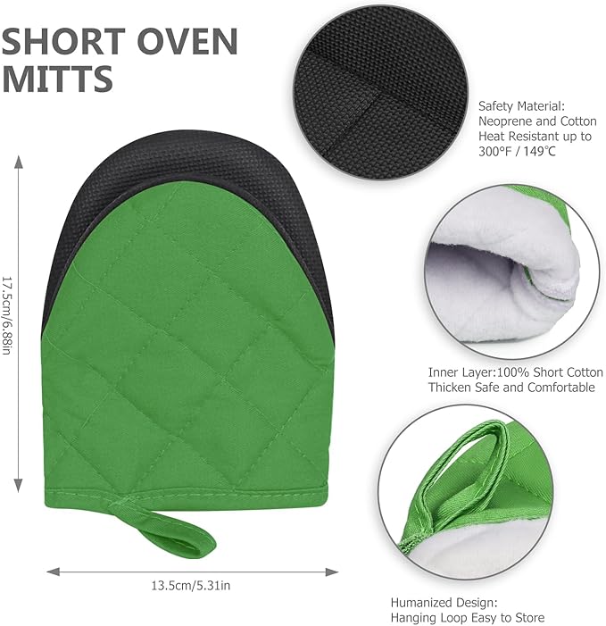 1 Pair Short Oven Mitts - Silicone Kitchen Oven Gloves High Heat Resistant 500℉, Mini Oven Mits with Non-Slip Grip Surfaces and Hanging Loop for BBQ, Baking, Cooking and Grilling (Green) - Image 3
