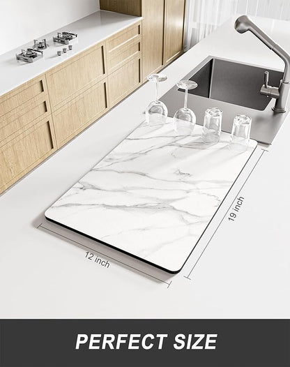 Rnivvi Dish Drying Mat for Kitchen Counter, 12 x 19" Cute Marble Super Absorbent Draining Pad, Non-Slip Heat Resistant Coffee Bar Mats for Coffee Machine Station Accessories, White Dish Rack Pad - Image 2