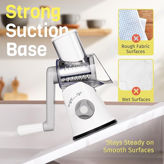 Rotary Cheese Grater Hand Crank, 3 Blades Slicer Shredder, Cheese Grater for Kitchen, Multi-Functional Kitchen Tool for Vegetables, Nuts, Chocolate, with Strong Suction Base, White - Image 6