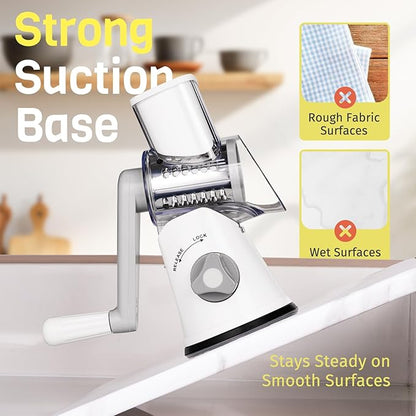 Rotary Cheese Grater Hand Crank, 3 Blades Slicer Shredder, Cheese Grater for Kitchen, Multi-Functional Kitchen Tool for Vegetables, Nuts, Chocolate, with Strong Suction Base, White - Image 6