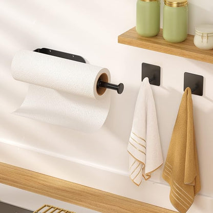 Paper Towel Holder Under Cabinet, Single Hand Operable Wall Mount with Damping Effect, Self-Adhesive or Drilled Paper Roll Holders for Kitchen, Bathroom, RV(2 Towel Robe Hooks) - Image 3