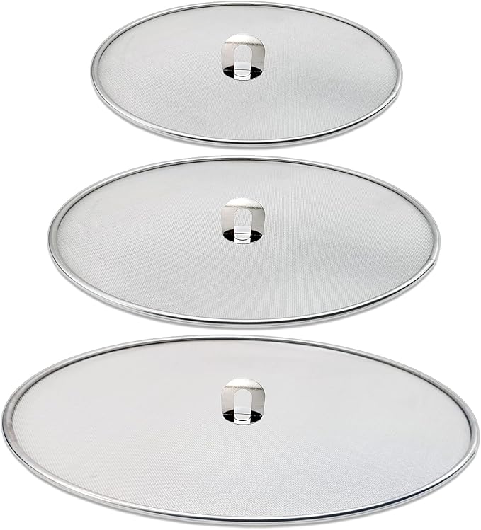 Antallcky 3 Pack Grease Splatter Screen for Frying Pan with Fold Flat Knob-Grease Splatter Guard Shield-No Cooking Oil Mess–No Burns–Ultra Fine Mesh Lids-Rust Free Stainless Steel- 9.8,11.5,13 Inch by Antallcky