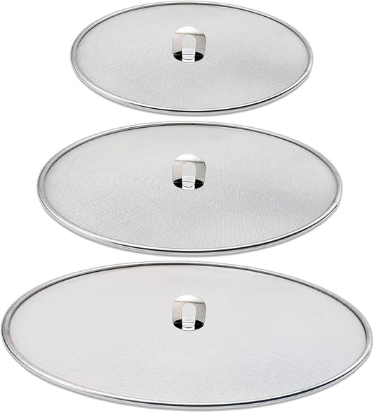 Antallcky 3 Pack Grease Splatter Screen for Frying Pan with Fold Flat Knob-Grease Splatter Guard Shield-No Cooking Oil Mess–No Burns–Ultra Fine Mesh Lids-Rust Free Stainless Steel- 9.8,11.5,13 Inch by Antallcky