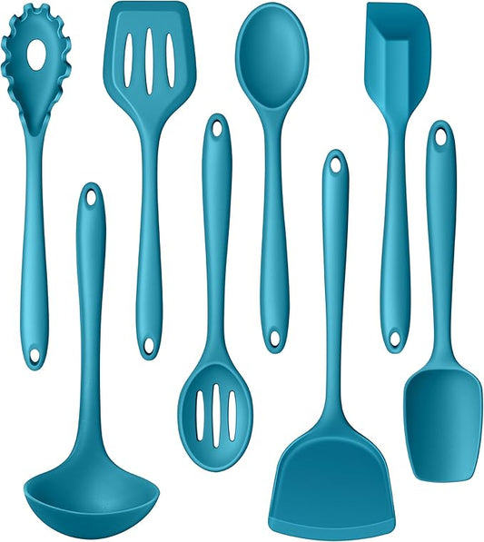 LIANYU 8Pcs Kitchen Utensils Set, Heat Resistant Cooking Utensils, Kitchen Tools Gadgets for Nonstick Cookware, Includes Silicone Spatula, Ladle, Spoon Turner, Dishwasher Safe, Blue by LIANYU