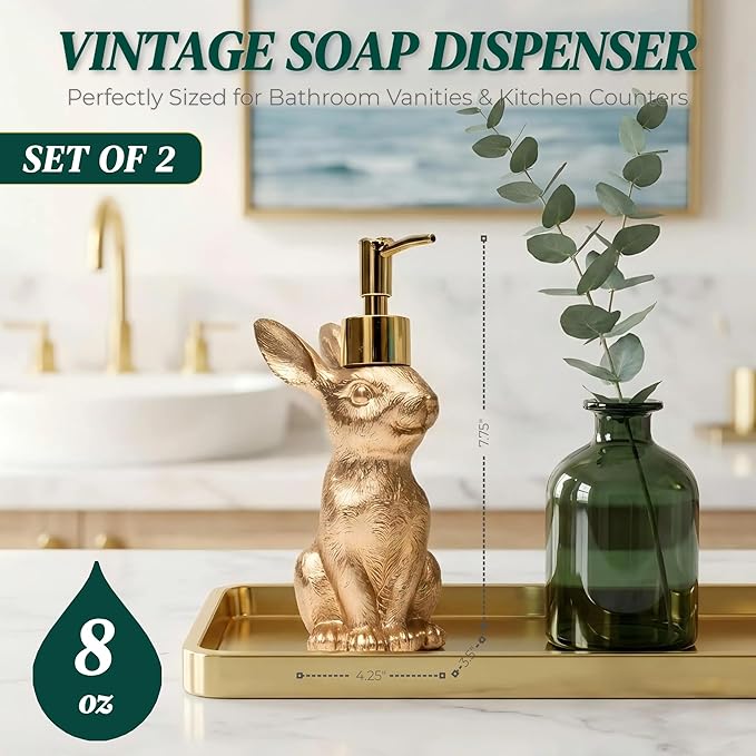 Gold Bunny Soap Dispenser Set of 2 – Vintage Rabbit Hand & Dish Soap Dispensers for Kitchen Sink & Bathroom Vanity – Rust Proof Pump Lotion Bottles – Resin Animal Statues Home Decor, 8oz