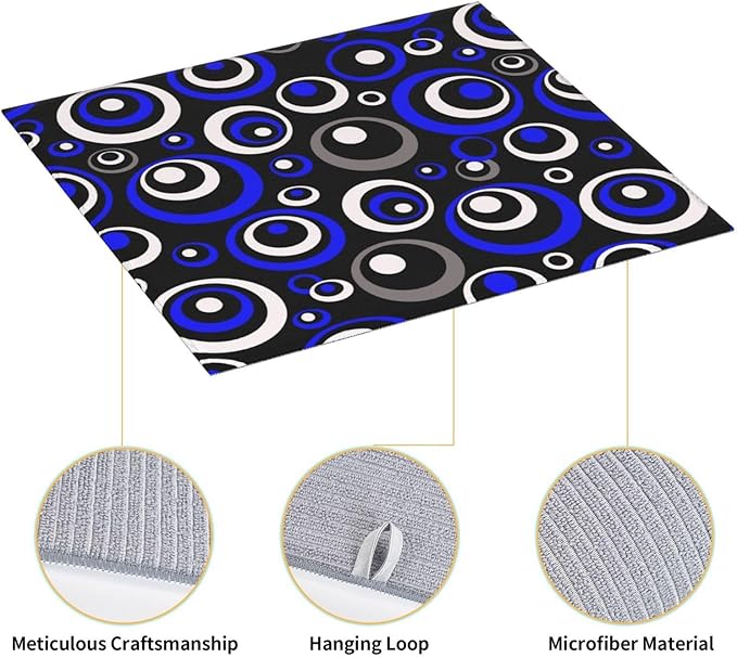 Blue Black White Geometric Circle Dish Drying Mat for Kitchen Counter, 16" x 18" Absorbent Microfiber Drying Pad for Dishes, Modern Decor Kitchen Mat, Foldable, for Sink, Dining Area, Small Appliances